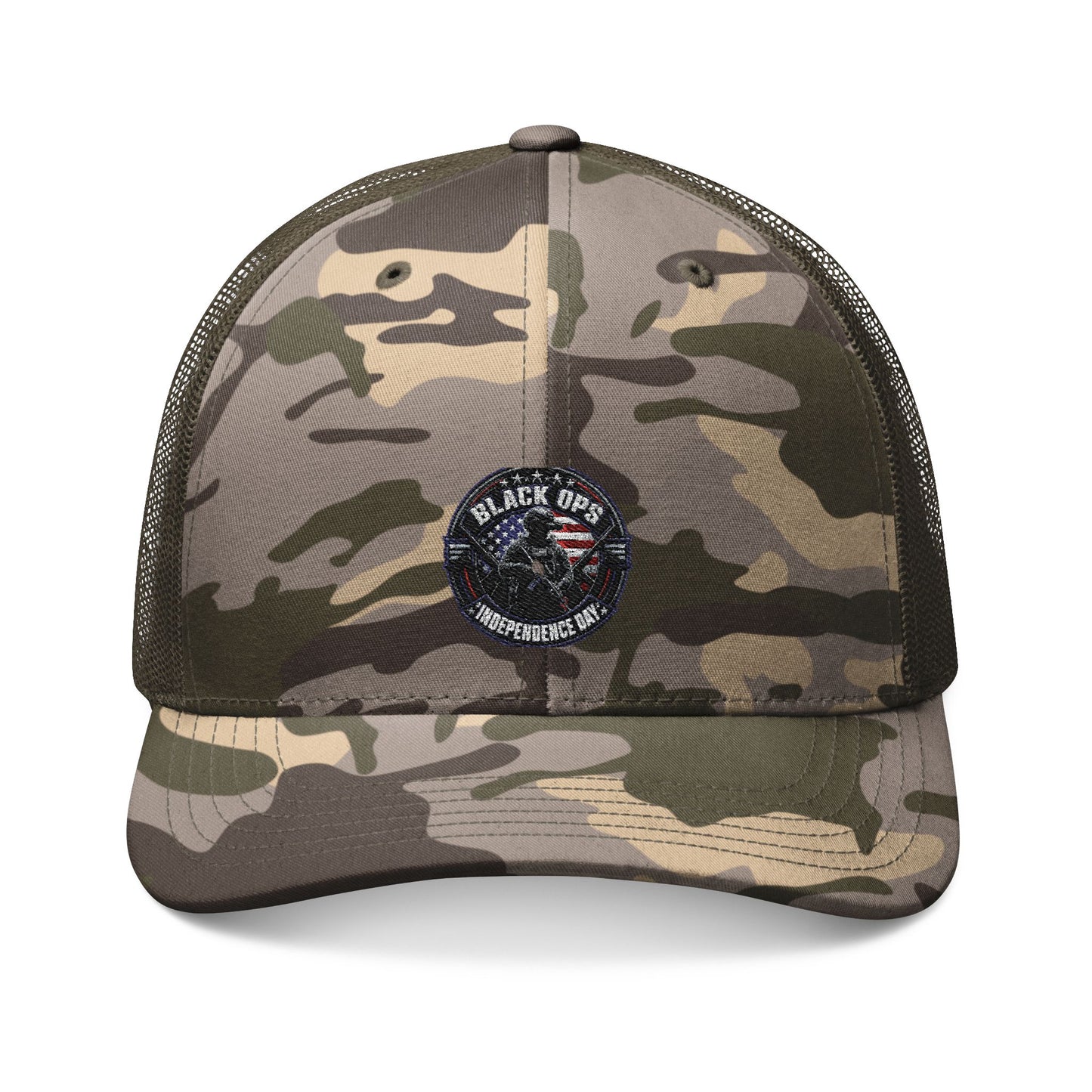 Camo Trucker Hat — Embroidered Black Ops Patch