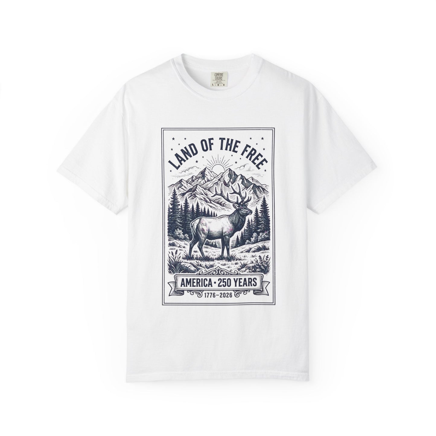 T-Shirt — "Land of the Free" 250 Years America Vintage Elk Mountain Graphic
