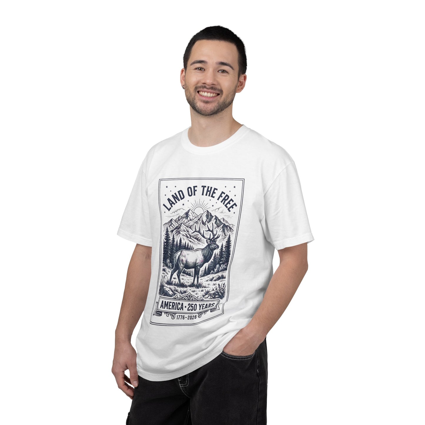 T-Shirt — "Land of the Free" 250 Years America Vintage Elk Mountain Graphic